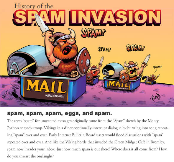 History of the Spam Invasion - The term email spam for unwanted messages originally came from the Spam sketch by the Monty Phython comedy troop. Vikings is a diner continually interrupt dialogue by bursting into song repeated spam over and over. Early Internet Bulletin Board users would flood discussions with spam repeated over and over. And like the Viking horde that invaded the Green Midget Cafe in Bromley, email spam now invades your inbox. Just how much spam is out there? Where does it all come from? How to you thwart the onslaught?