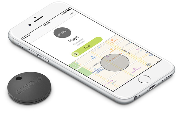 Phone with Chipolo App and Chipolo Bluetooth Tracker