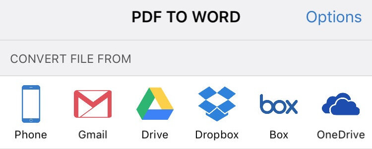 Using PDF to Word app you can import and convert PDF files from Gmail, Google Drive, Dropbox, OneDrive and Box