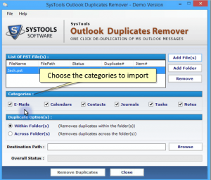 SysTools Outlook Duplicates Remover Screenshot 2 - Choose the categories to import