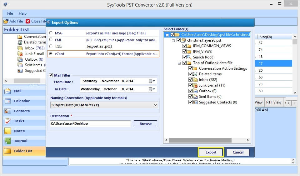 SysTools PST Converter - Export Outlook PST file contacts into vCard(.vcf) format