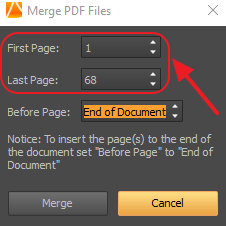 Merge PDF Files - Set First Page and Last Page of PDF document you want to merge