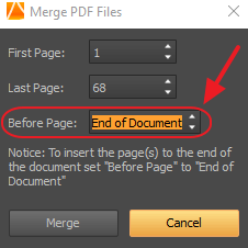 Merge PDF Files - To insert the new PDF pages to the end of the existing PDF document set Before Page to End of Document