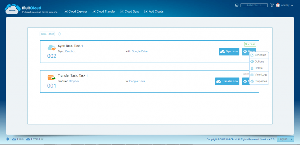 MultCloud Task Manager interface showing transfer task and sync task