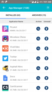 App Manager feature in Android Cleaner showing installed apps and archived apps
