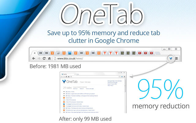 OneTab Productivity Extension - Save up to 95% memory and reduce tab clutter in Google Chrome