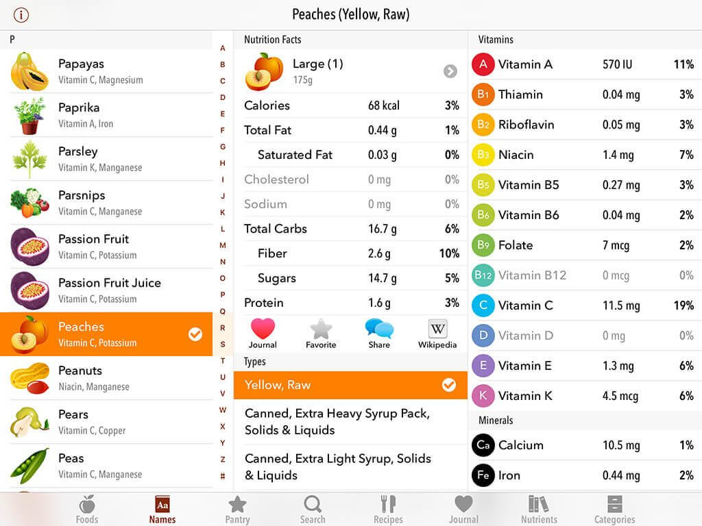 Nutrients - Nutritional App showing Nutrition facts for foods and recipes