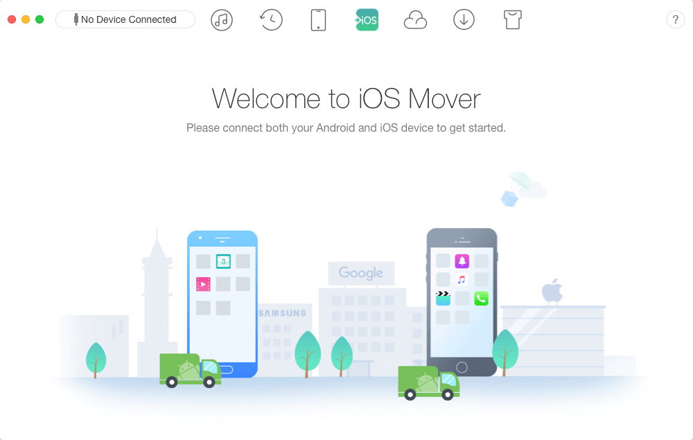 Welcome to iOS Mover. Please connect both your Android and iOS device to get started.
