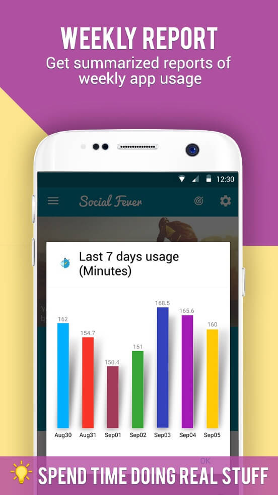Social Fever App Weekly Report. Get summarized reports of weekly app usage. Spend time doing real stuff.