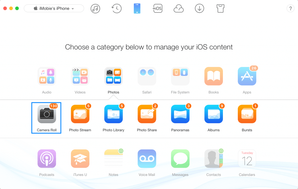 How to transfer photos from iPhone to iPhone with iMobie AnyTrans. Choose a category to manage your iOS content