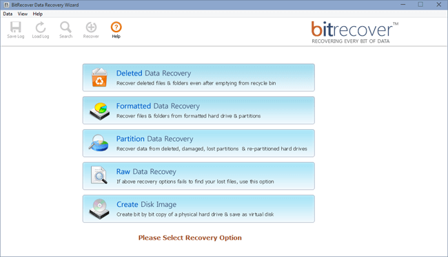 BitRecover Hard Drive Data Recovery Software Recovery Options: Deleted Data Recovery, Formatted Data Recovery, Partition Data Recovery, Raw Data Recovery and Create Disk Image