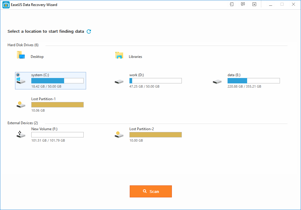EaseUS Data Recovery Wizard - Select a location to start finding data to recover