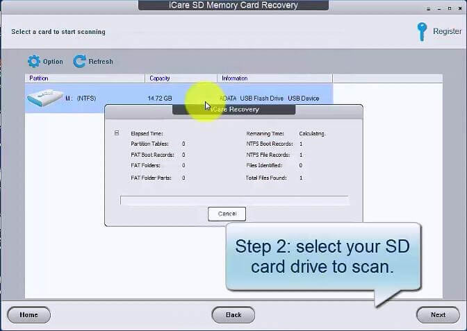 iCare SD Memory Card Recovery - Step 2: Select your SD card drive to scan