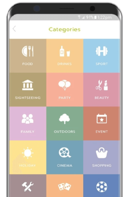 Pal App Categories: Food, Drinks, Sport, Sightseeing, Party, Beauty, Family, Outdoors, Event, Holiday, Cinema, Shopping, Craft, Games and Watch Sports