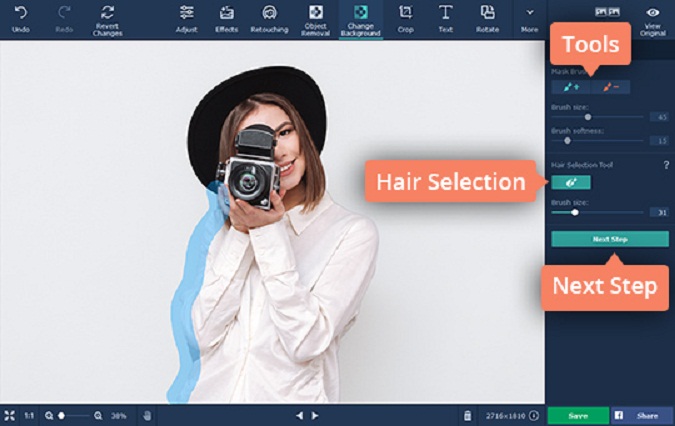 Making an Image Background Transparent Using Movavi Photo Editor. Hair Selection Tool.