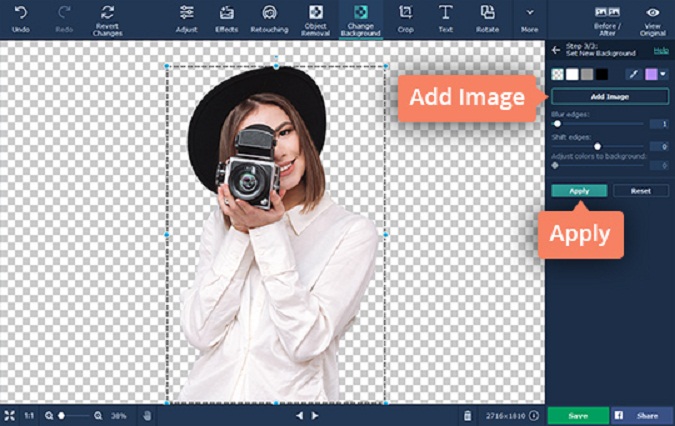 Making an Image Background Transparent Using Movavi Photo Editor. Add Image option allows you to use a different image as the background.