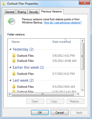 Outlook File Properties - Restore Previous Versions