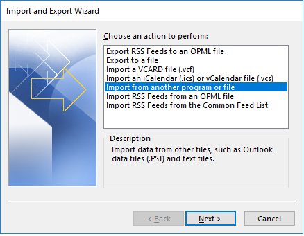MS Outlook Import and Export Wizard > Import from another program or file