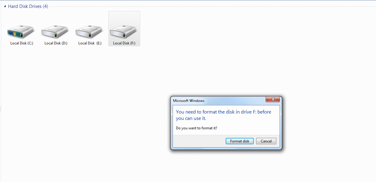Inaccessible F drive error message - You need to format the disk in drive F: before you can use it.