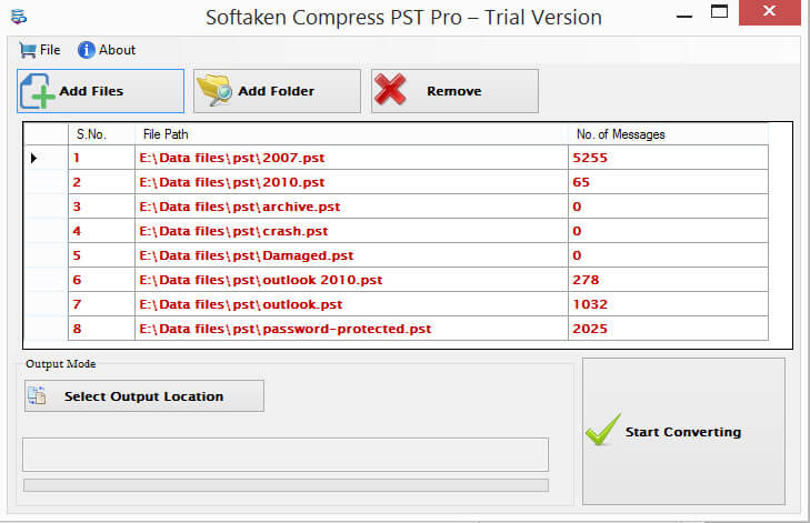 Softaken Compress PST Pro Trial Version preview pane showing PST file path and number of messages