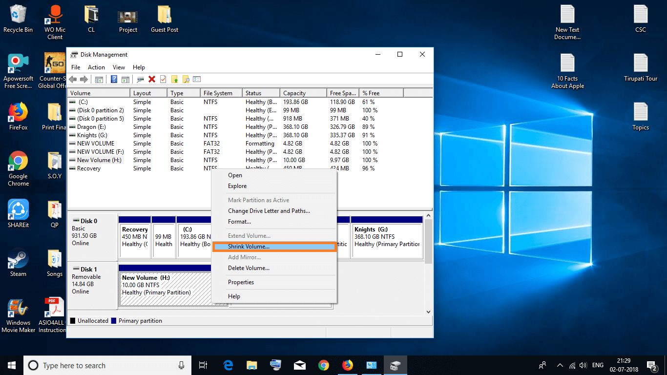 Shrink Volume or Partition in Windows 10