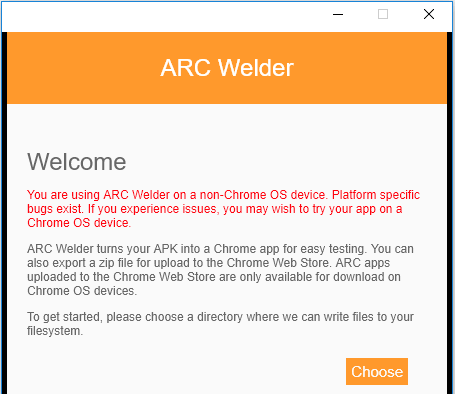 Welcome to ARC Welder App. ARC Welder turns your Jio TV APK into a Chrome app. To get started, please choose a directory where ARC Welder can write files to your file system.