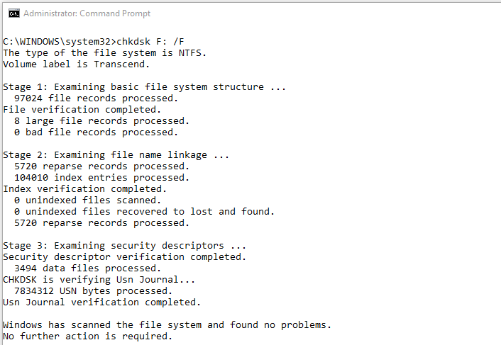 chkdsk command syntax to fix errors on the disk