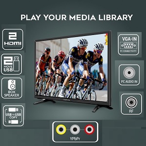 Play Your Media Library on Kevin 24 Inch LED TV. Now play anything on your TV by connecting your device via USB, HDMI ports, LAN, VGA in, RF in, PC audio and coax audio. 
