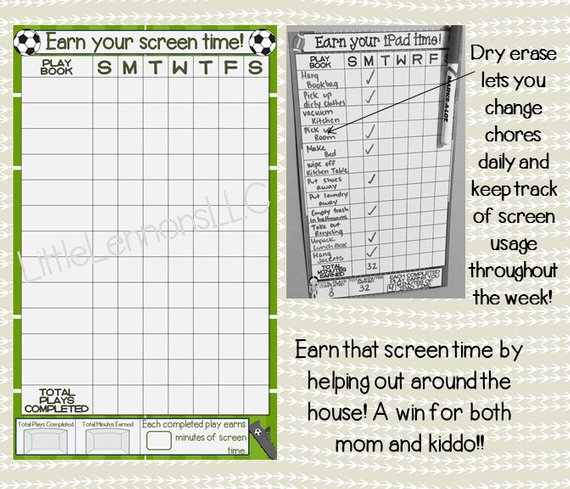 Earn your iPad time! Dry erase lets you change chores daily and keep track of screen usage throughout the week! Earn your screen time! Earn that screen time by helping out around the house! A win for both mom and kiddo!!