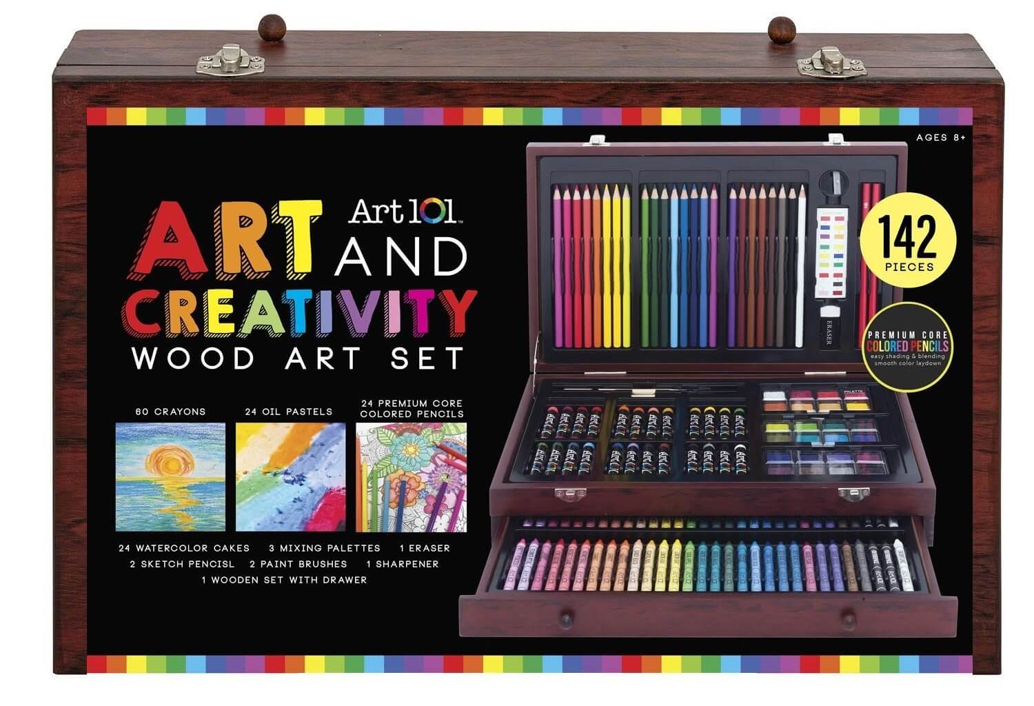 Useful educational gift for Christmas Art 101 Art and Creativity Wood Art Set. 60 Crayons, 24 Oil Pastels, 24 Premium Core Colored Pencils, 24 Watercolor Cakes, 3 Mixed Palettes, 1 Eraser, 2 Sketch Pencils, 2 Paint Brushes, 1 Sharpener, 1 Wooden Set With Drawer. 142 Pieces Wood Art Set. Premium Core Colored Pencils. Easy Shading and Blending Smooth Color Laydown.
