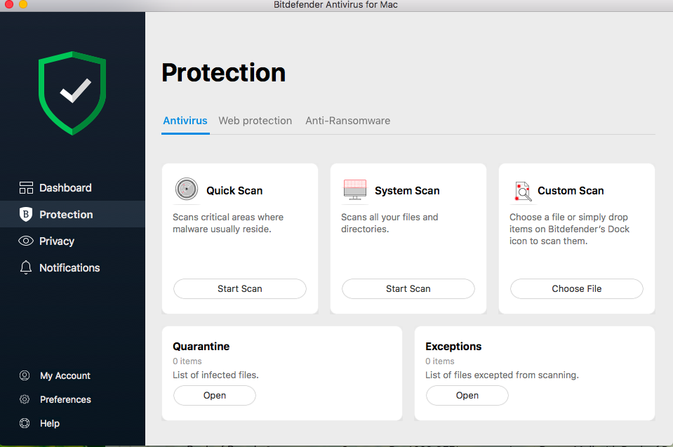 Bitdefender Antivirus for Mac - Quick Scan, System Scan, Custom Scan Protection Options