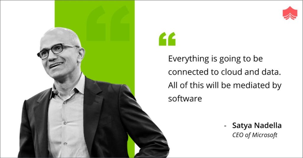 Everything is going to be connected to cloud and data. All of this will be mediated by software. Cloud computing offers your business many benefits. It allows you to set up what is essentially a virtual office to give you the flexibility of connecting to your business anywhere, any time. - Satya Nadella CEO of Microsoft.