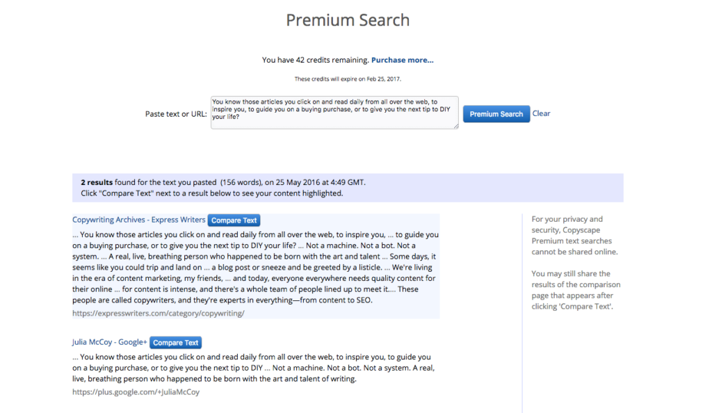 Copyscape Plagiarism Checker Search Results. Duplicate Content Detection.