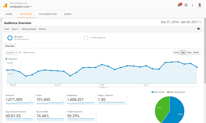 Google Analytics Audience Overview Report Screenshot.