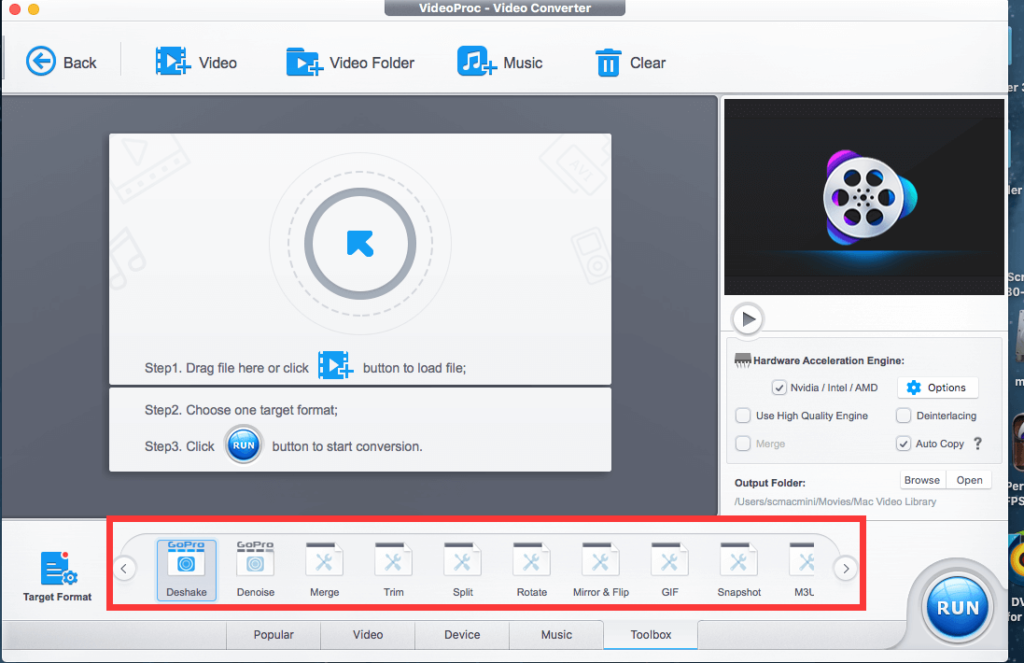 VideoProc Video Editing Software Toolbox. Deshake, Denoise, Merge, Trim, Split, Rotate, Mirror & Flip, GIF, Snapshot, M3L.