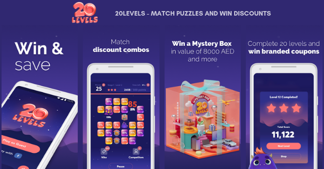 20Levels - Match Puzzles and Win Discounts. Match discount combos. Win a Mystery Box. Complete 20 levels and win branded coupons.