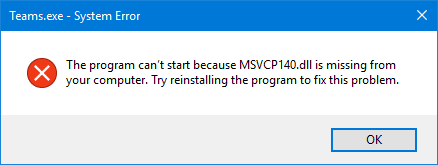 MSVCP140.dll Missing Error Message. MSVCP140.dll is missing from your computer.