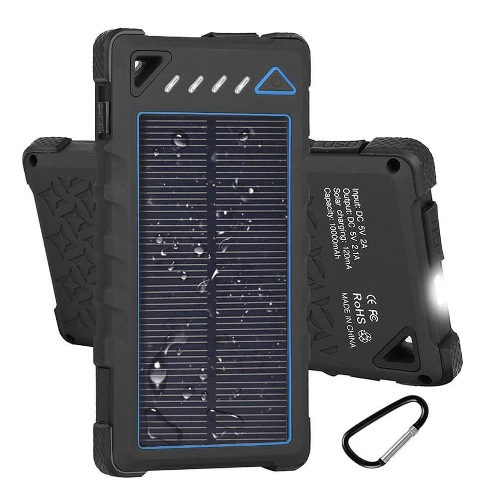 Hobest Solar Charger 10000mAh, Waterproof Solar Power Bank with LED Flashlight and Dual USB Output.