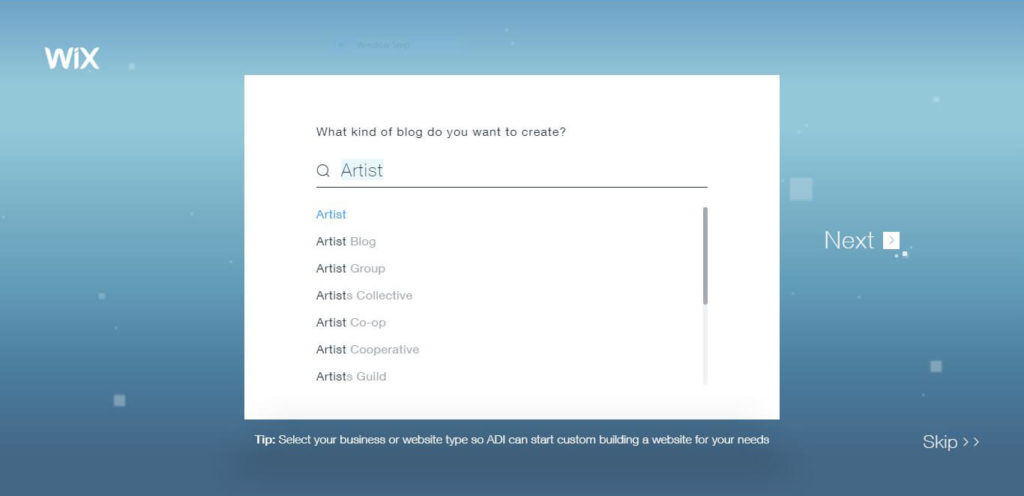 Select your business or website type so Wix ADI can start custom building a website for your needs.