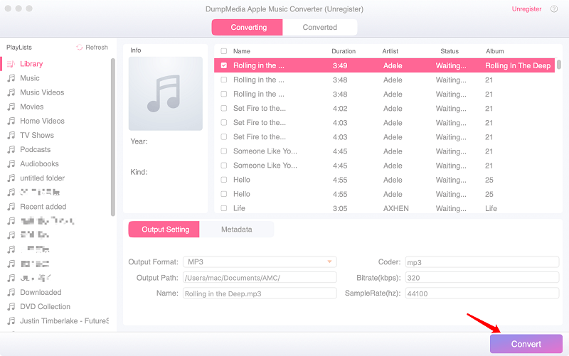 DumpMedia Apple Music Converter Screenshot. Convert Apple Songs to MP3 Output Format.