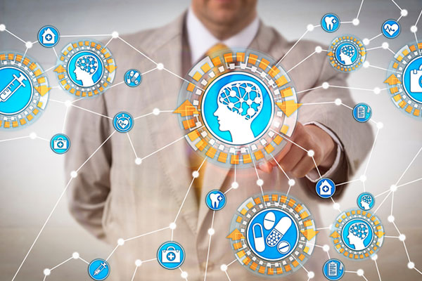 AI Applications in Healthcare Industry. Health Care IT administrator activating machine intelligence via internet of things. Tech concept for artificial intelligence, computer science, machine learning, robotics research.