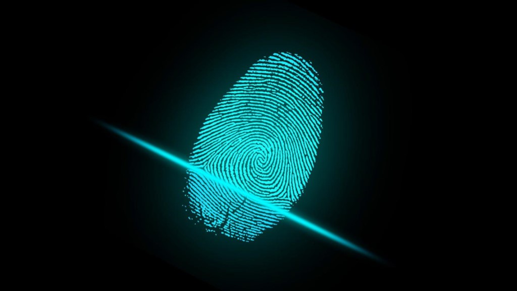 Fingerprint Security, Digital Identity, Data Security in Business, Biometrics, Technology. 
