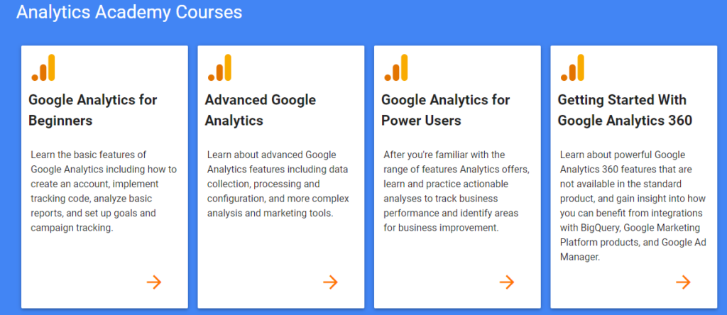 Google Analytics Academy Courses: Google Analytics for Beginners, Advanced Google Analytics, Google Analytics for Power Users, Getting Started With Google Analytics 360. 