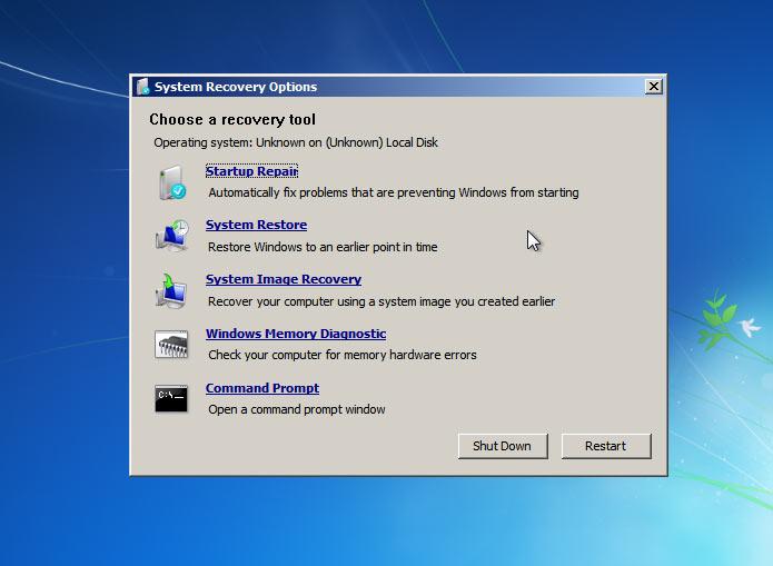 Windows System Recovery Options: Choose a recovery tool - Command Prompt.