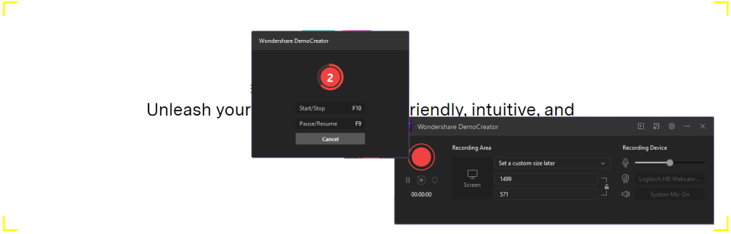 Wondershare DemoCreator computer screen recorder. Start/Stop F10. Pause/Resume F9.