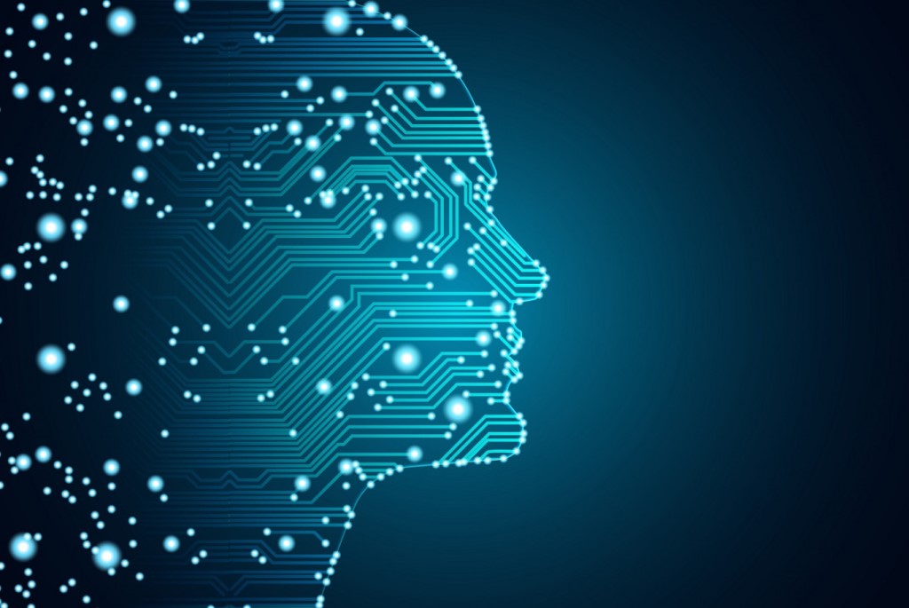  An illustration of a human face in profile made of blue circuit board lines and dots on a dark blue background representing the search query 'AI and Machine Learning in Online Consumer Behavior Research'.