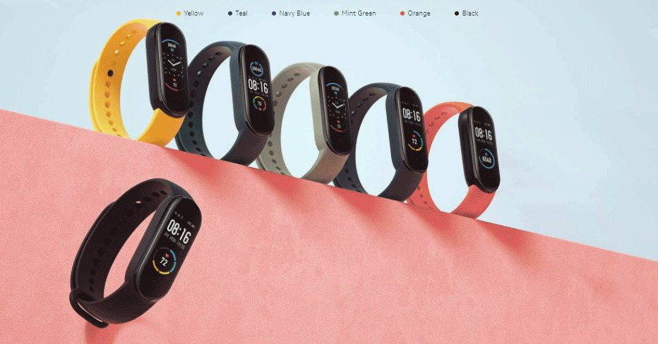 Mi Smart Fitness Band 5 Colors: Yellow, Teal, Navy Blue, Mint Green, Orange and Black.