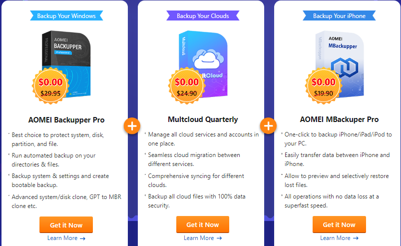 Get AOMEI Backupper Pro, MultCloud Quarterly and AOMEI MBackupper Pro for FREE.