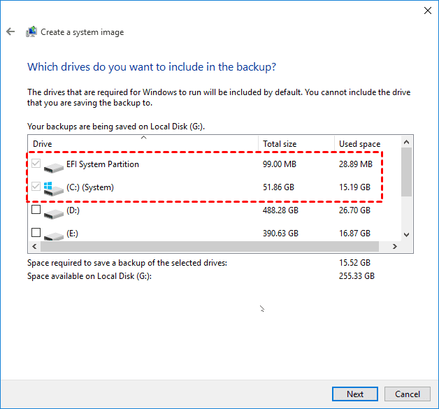 Backup Windows, Create a system image: Which drives do you want to include in the backup? The drives that are required for Windows to run will be included by default. You cannot include the drive that you are saving the backup to.