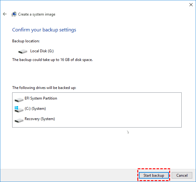 Create a system image: Confirm your Windows 10 backup settings and Start backup.
